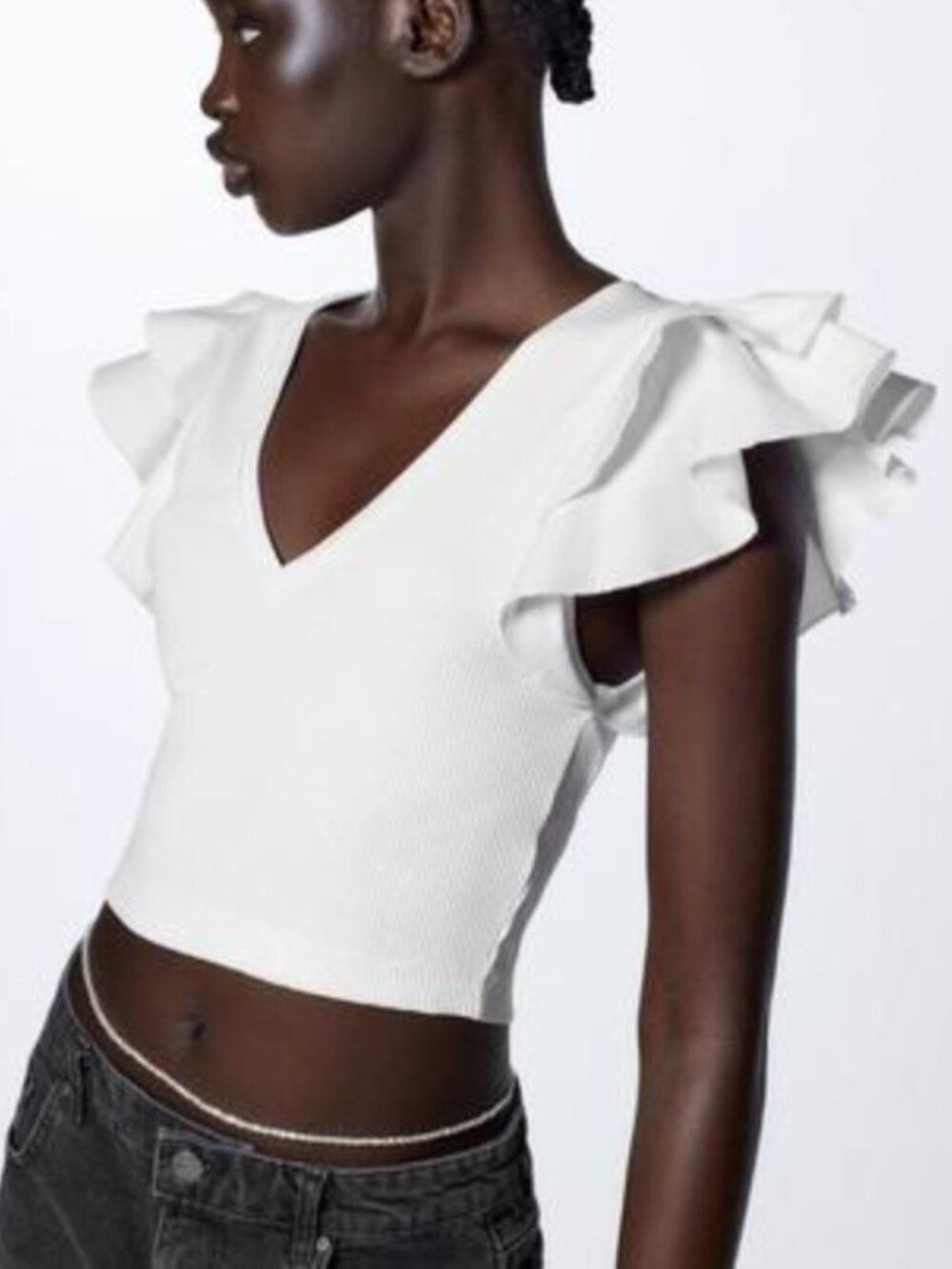 Zara Crop Top Baby Large White Short Ruffle Sleeves Ribbed Stretch V Neck